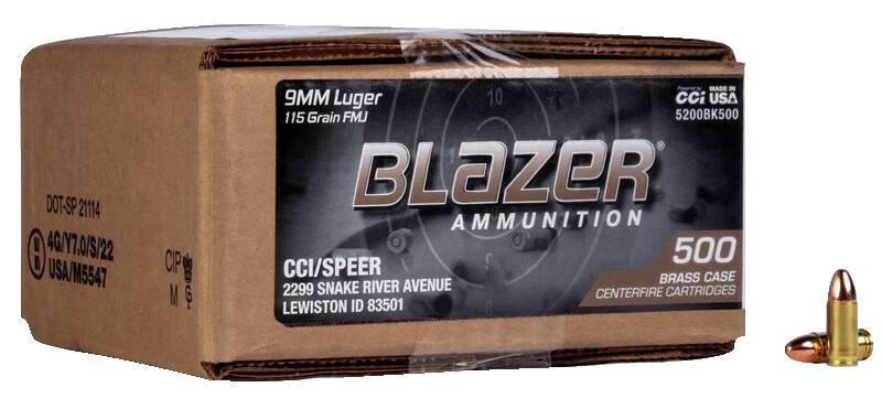 CCI Blazer Brass 9mm Luger Ammo 115 Grain FMJ 5200 / 500rd